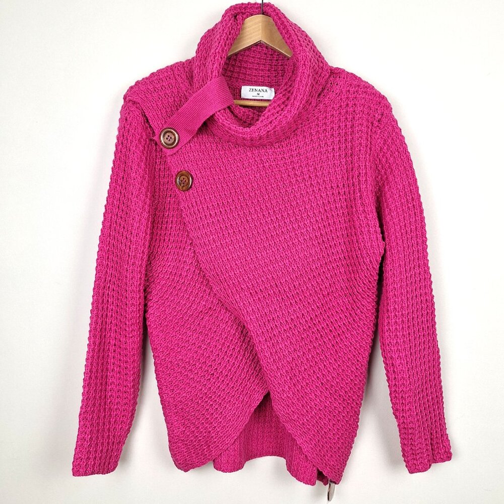 Zenana Cowl Neck Waffle Knit Sweater, Size M. Pink Faux Wrap Assymmetrical Hem